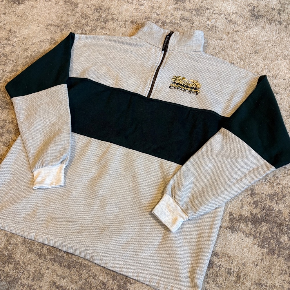 Vintage 90s Cedar Key Florida Boxy Green & White Quarter-Zip Made In USA